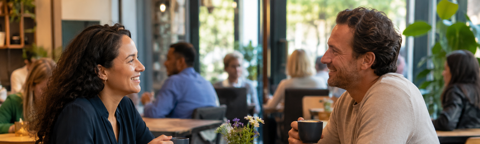 Twee mensen gezellig aan tafel in een koffiebar